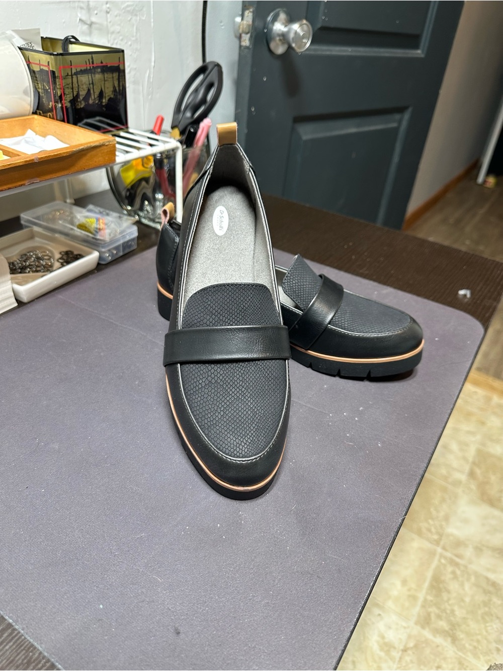 Dr. Scholl's Black Textured Vamp Slip-On Loafer with Tan Trim